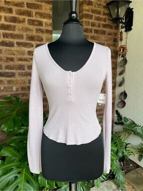 Free People Light Lavender Ribbed Henley Long Sleeve Top
